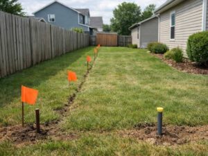 Boundary survey markers showing the property line between two residential properties