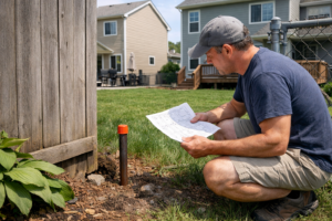 Homeowner reviewing a plat map beside a survey pin to locate property lines near a backyard fence
