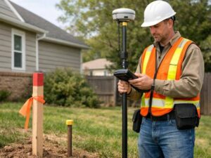Land surveyor using GPS equipment to mark property boundaries for different types of land surveys 