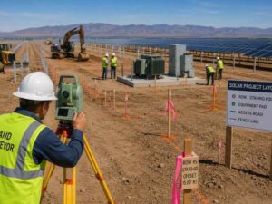 Construction staking in Laughlin Nevada showing a land surveyor setting layout points for solar panel rows, equipment pads, access roads, and site infrastructure.
